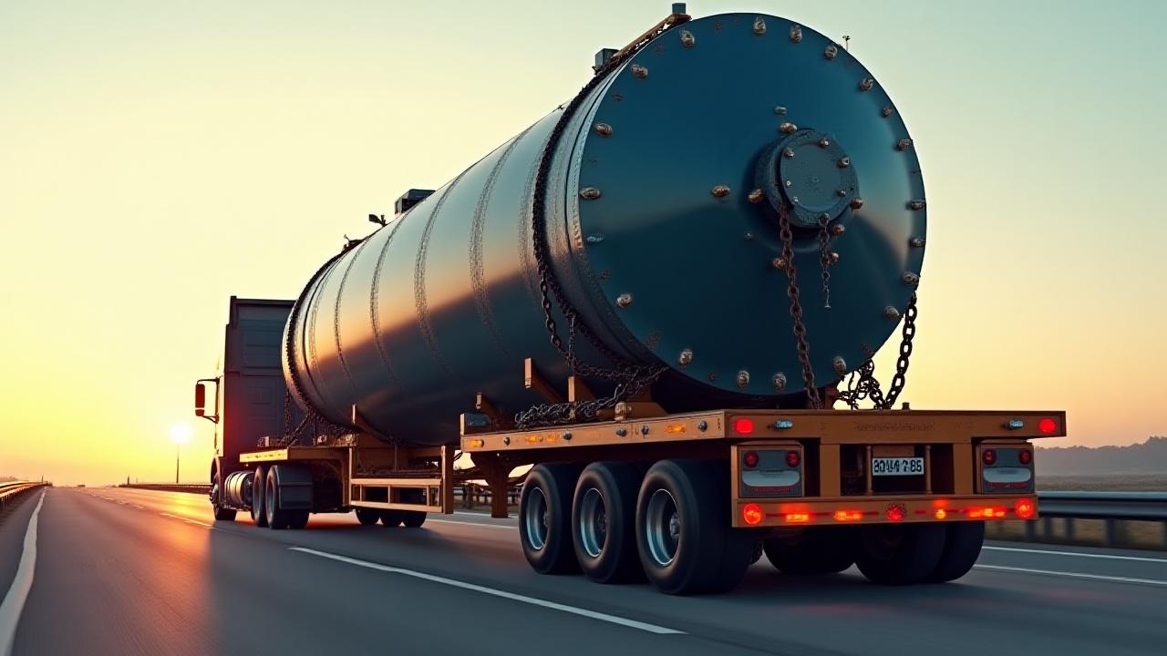 Heavy industrial machinery secured on a specialized Jarjus flatbed trailer at sunrise