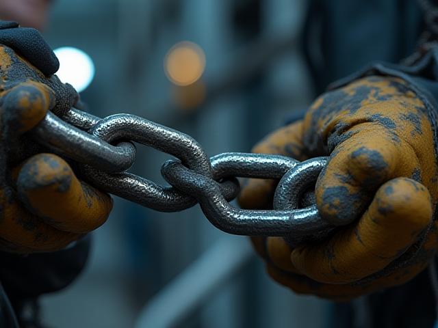 Close-up of professional driver securing a heavy load with heavy-duty steel chains