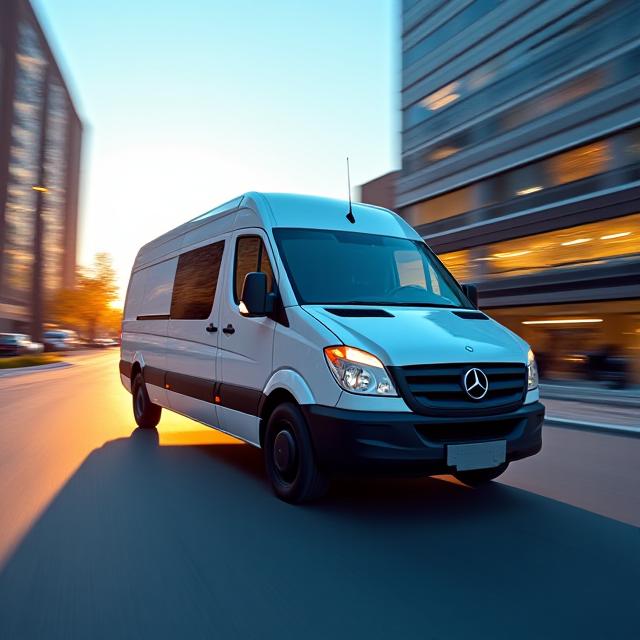 Jarjus Transportation high-roof sprinter van navigating a modern urban logistics route in Columbus, Ohio
