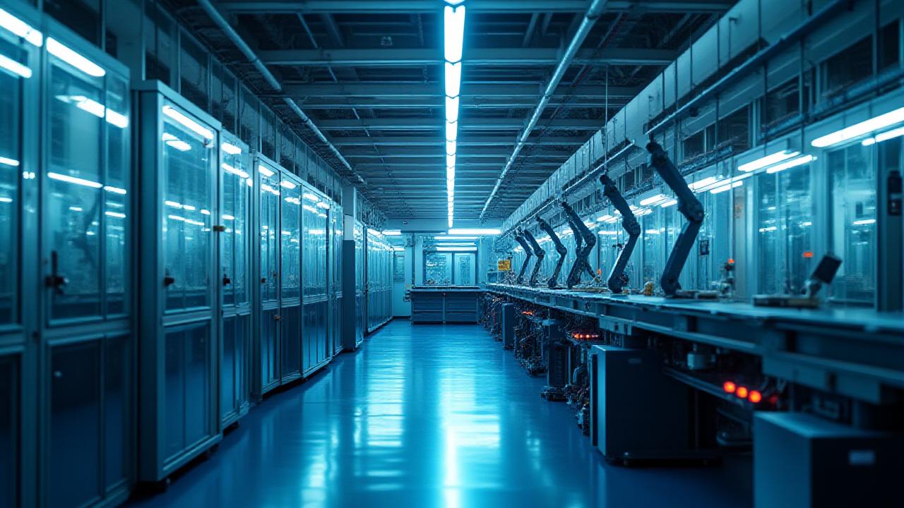 Modern automated manufacturing assembly line with robotic arms