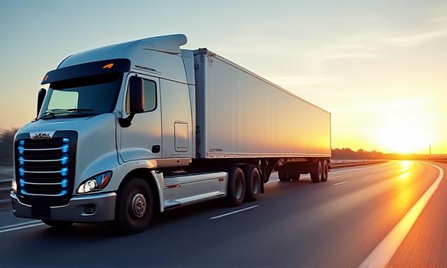 A modern Jarjus semi-trailer truck moving smoothly on a highway at sunrise